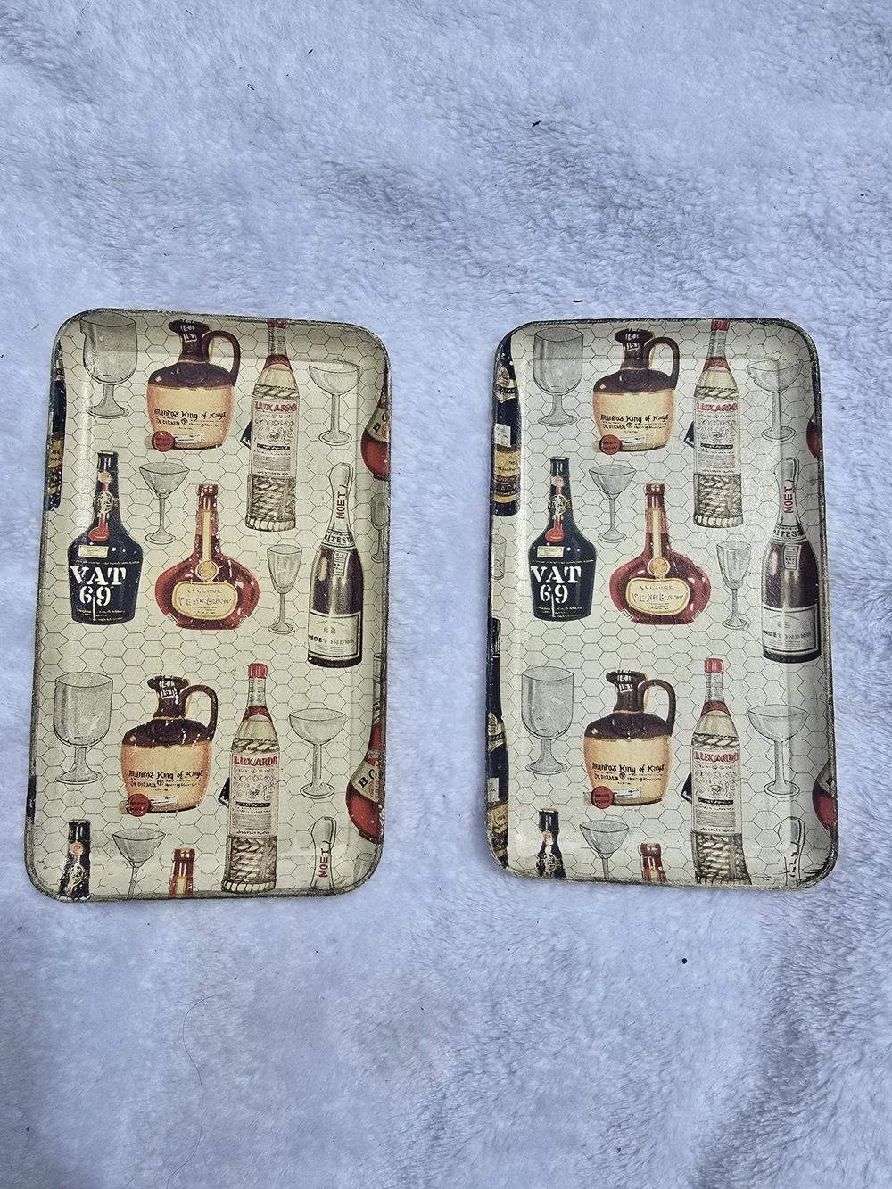 Vintage Bottle Pattern Serving Trays - Beige & Brown